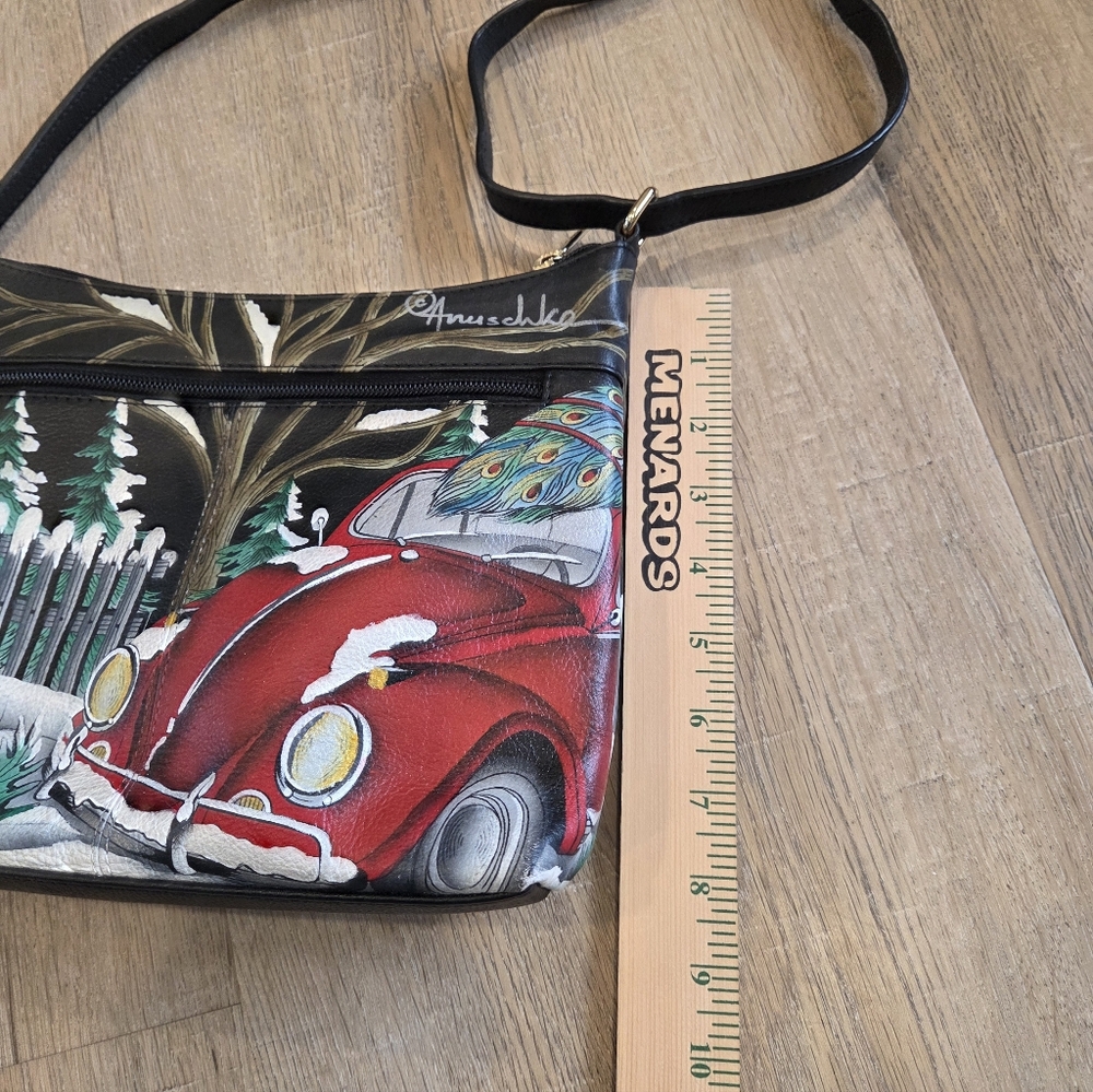 Anuschka Hand-Painted Leather Crossbody Peacock Winter Tree Design Colorful Art - Picture 10 of 13